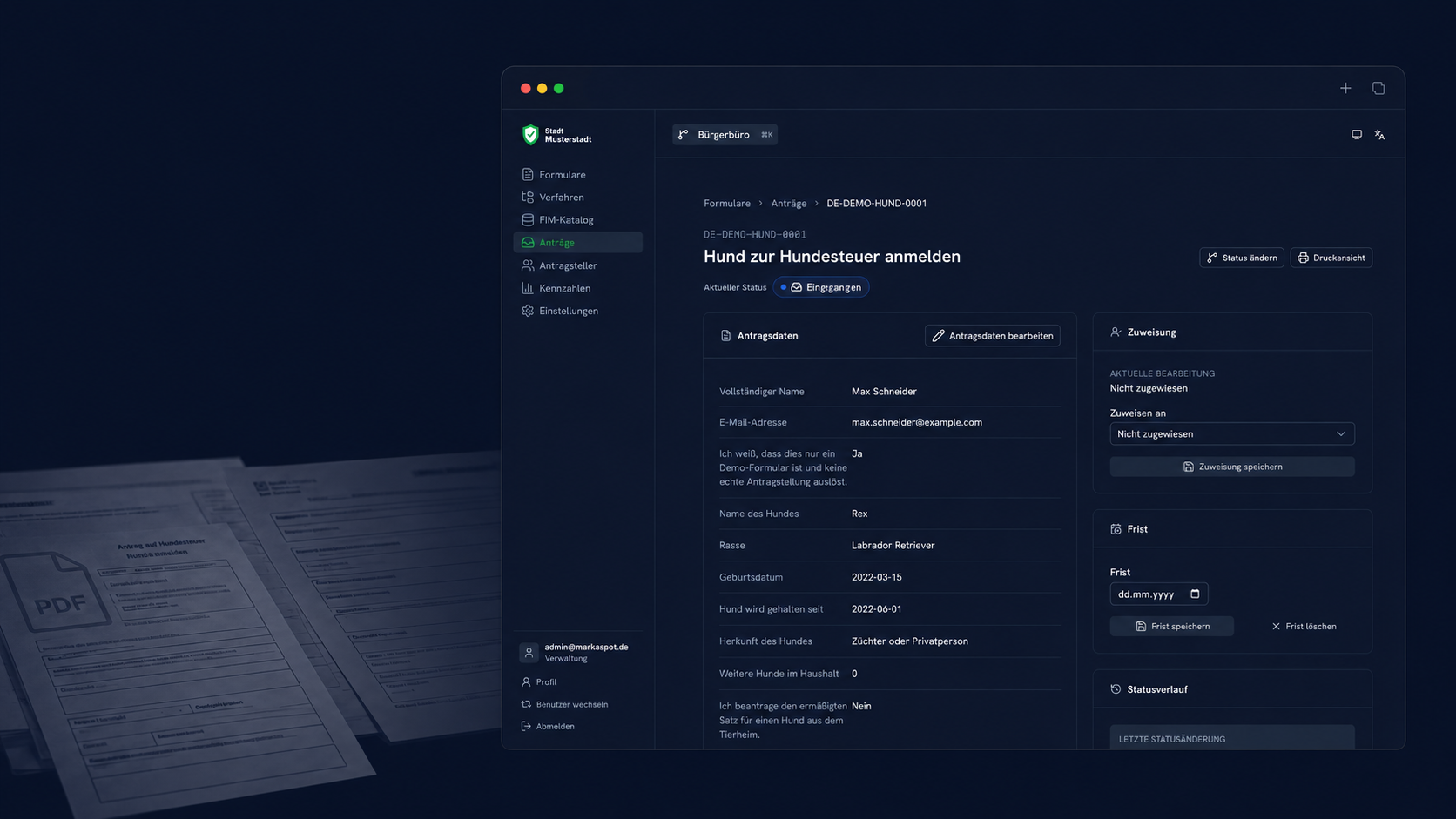 Papierformulare und digitales Vorgangsdetail in beantragt.ai